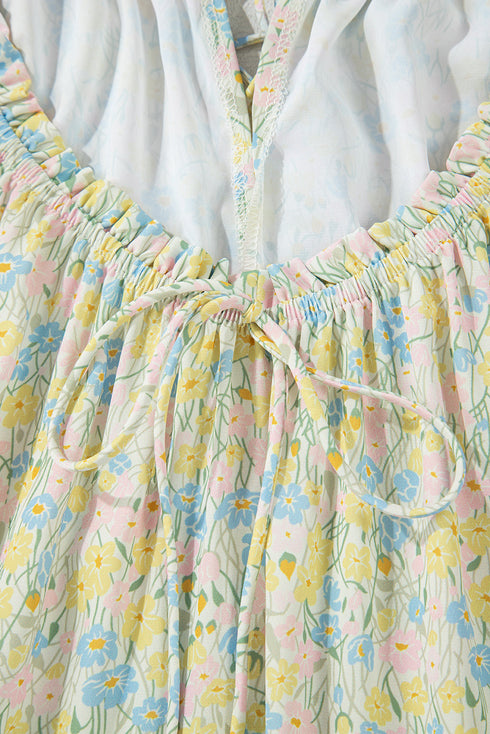 Charming Floral Print Frilled Half Sleeve U Neck A-Line Dress